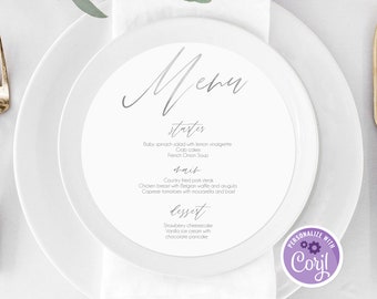 Round Wedding Menu, Editable Silver Wedding Menu, Circle Menu Template, Printable Silver Menu, Calligraphy Wedding Menu, Dinner Menu Digital