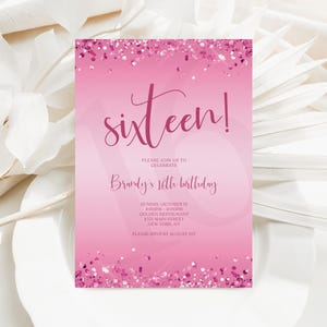 Pink 16. Sechzehn Mädchen Geburtstagseinladung Vorlage, druckbare Hot Pink Fuchsia Party einladen, bearbeitbare digitale Vorlage, Sweet Sixteen Karte