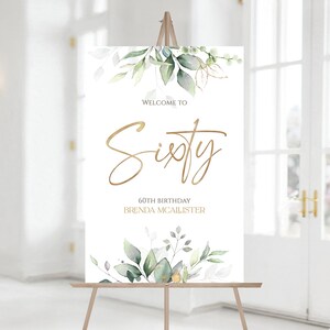 Greenery 60th Sixty Birthday Party Welcome Sign, Editable Template, Printable Birthday Welcome Sign Template, Gold Foil Leaves, Digital Sign