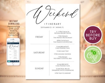 Itinerary Template, Printable Bachelorette Itinerary, Weekend Itinerary, Birthday Weekend, Editable Hens Party Black White, Instant Download