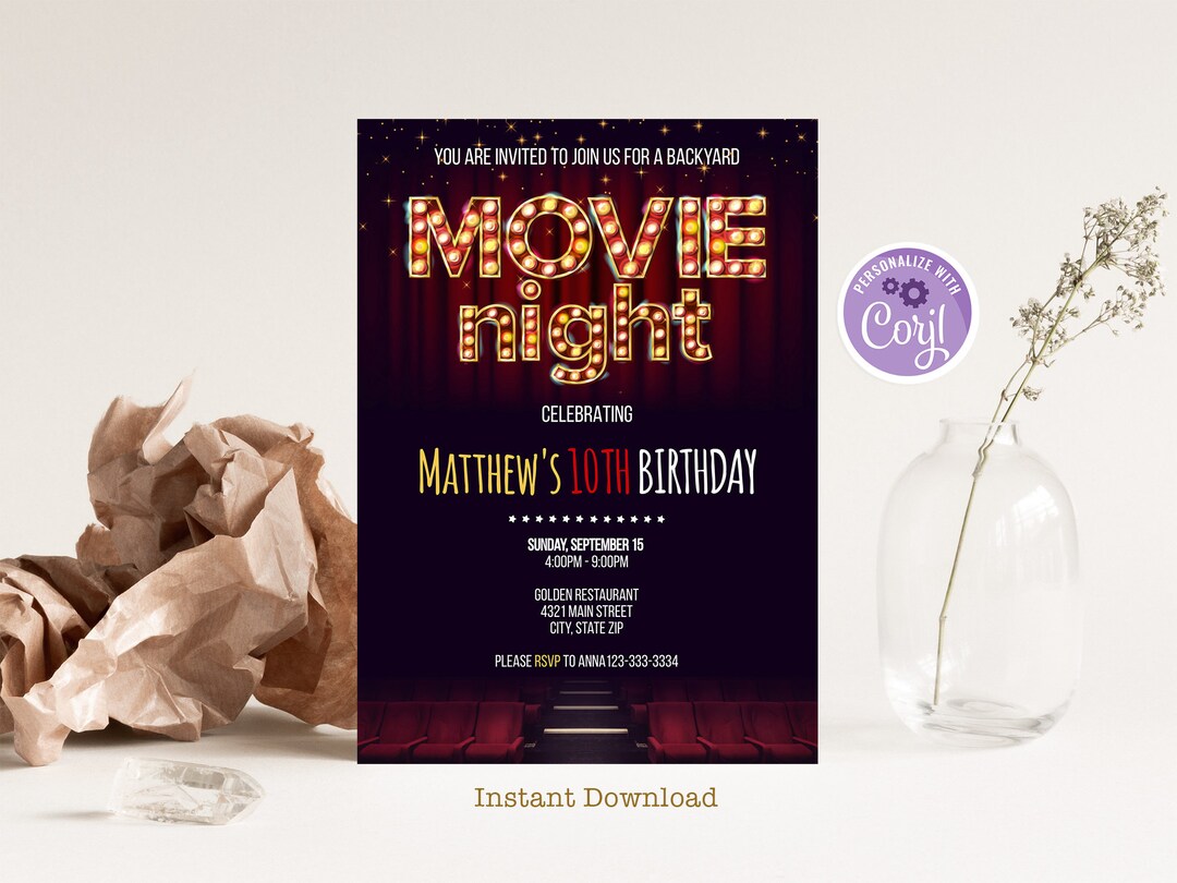 Printable Backyard Movie Night Party Invitation, Boy Movie Night ...