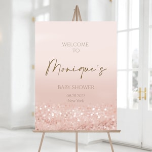 Signo de bienvenida imprimible de baby shower, plantilla editable de oro rosa, plantilla de letrero de bienvenida de baby shower moderno, póster de confeti de oro rosa personalizado