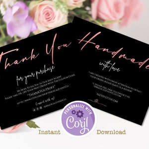 Black Rose Gold Bedankt voor uw bestelkaarten sjabloon, kleine onderneming Bedankkaart, online Etsy verkoper dank u aankoopkaart, digitaal