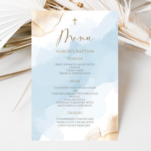 Modèle de carte de menu de baptême garçon, menu de baptême imprimable, menu aquarelle or bleu, menu modifiable, modèle de carte de menu numérique de baptême