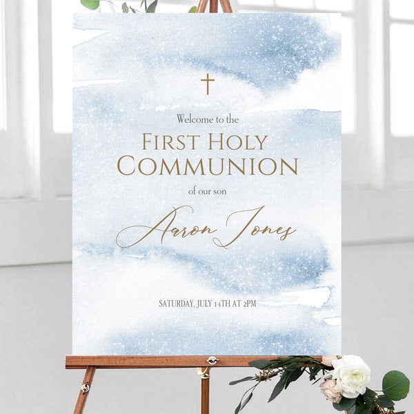 First Holy Communion Welcome Sign, Christening Welcome Sign, Printable Welcome Sign, Blue Watercolor Welcome Sign, Blue Gold Sign, Digital