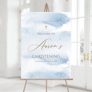 Printable Welcome Sign, Christening Welcome Sign, Baptism Welcome Sign, Blue and Gold, Blue Watercolor Welcome Sign, DIY Digital Template