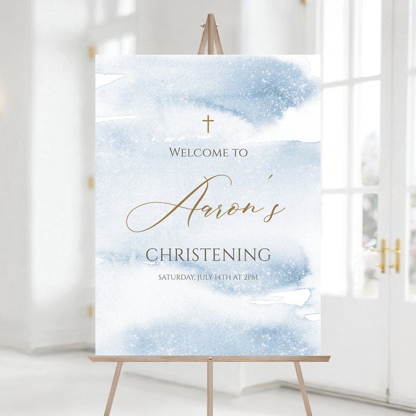 Printable Welcome Sign, Christening Welcome Sign, Baptism Welcome Sign, Blue and Gold, Blue Watercolor Welcome Sign, DIY Digital Template