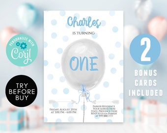 Balloon Boy Birthday Invitation Template, Instant Download Kids Balloon 1st Birthday Party Invite, Blue Confetti Boy Invitation Editable DIY