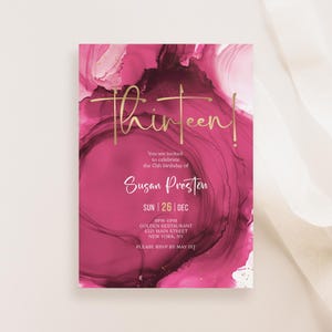 Fuchsia Pink Gold 13.13 Geburtstagseinladungsvorlage, druckbare Mädchen Dinner Party einladen, bearbeitbare Überraschung Evite, digitaler Download