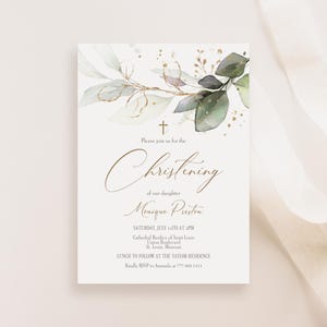 Modèle de carte modifiable d'invitation de baptême, verdure, faire-part de baptême garçon fille, baptême de Leves numérique feuille d'or