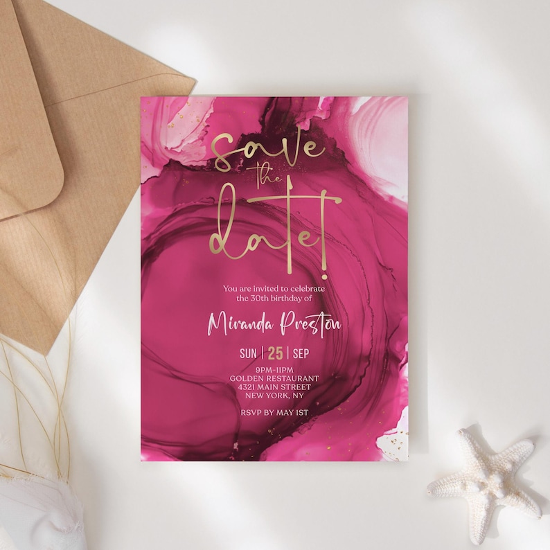Fuchsia Pink Gold Save the Date Invitation Template, Printable Birthday