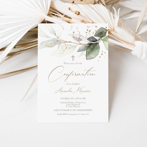 Modèle de carte modifiable d'invitation de confirmation, invitation de confirmation de verdure imprimable, faire-part de baptême garçon fille, téléchargement de carte numérique