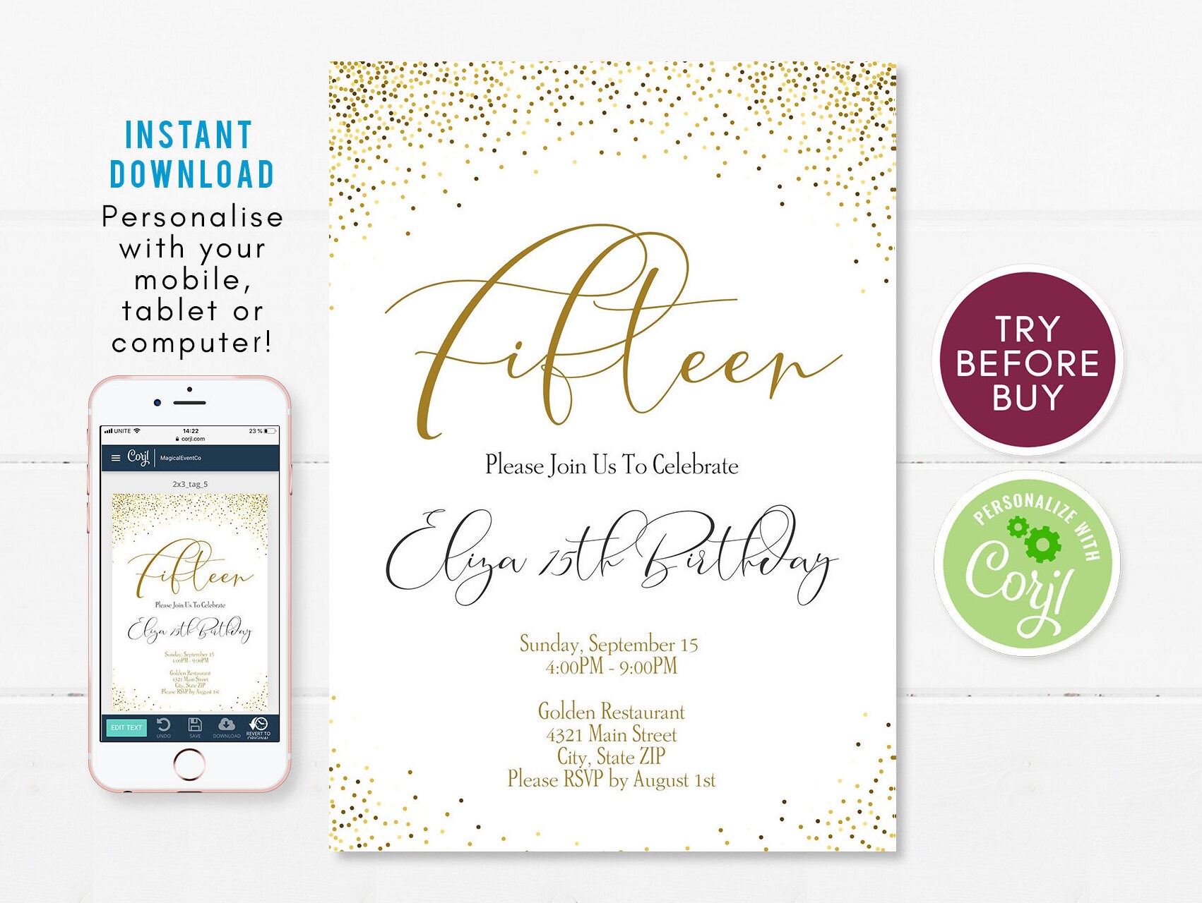 15th Birthday Invitation Template Editable Fifteen Birthday Etsy