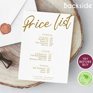 Lista de preços de ouro editável, modelo de lista de preços comerciais, guia de preços editável, folha de preços para salão de beleza, tabela de preços para download instantâneo