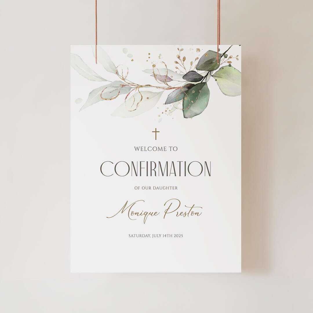 Coversations Welcomesign Editable Confirmation Welcome Sign Template, Greenery Eucalyptus Leaves ...