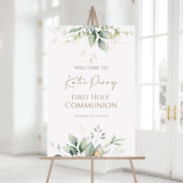 Greenery Communion Welcome Sign, First Holy Communion, Eucalyptus Gold Leaves, Cross, Sage Leaves, Boho, Boy Or Girl,Welcome Poster Template