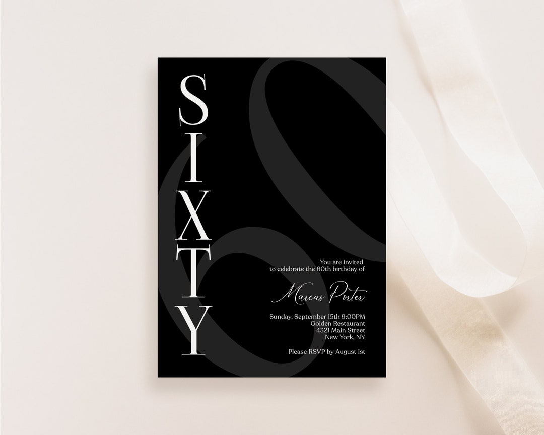 Printable Simple Black 60th Sixty Birthday Invitation Template ...
