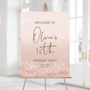 Printable 16th Sweet Sixteen Birthday Party Welcome Sign Template, Editable Modern Birthday Welcome Sign, Rose Gold Pink Confetti Board DIY