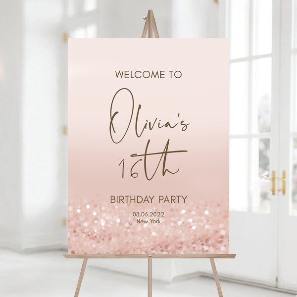Printable 16th Sweet Sixteen Birthday Party Welcome Sign Template, Editable Modern Birthday Welcome Sign, Rose Gold Pink Confetti Board DIY