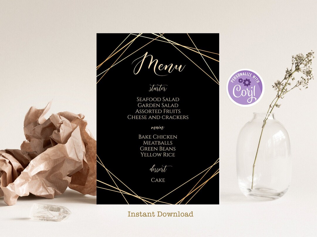 Printable Dark Gold Geometric Menu, Editable Gold Wedding Menu ...