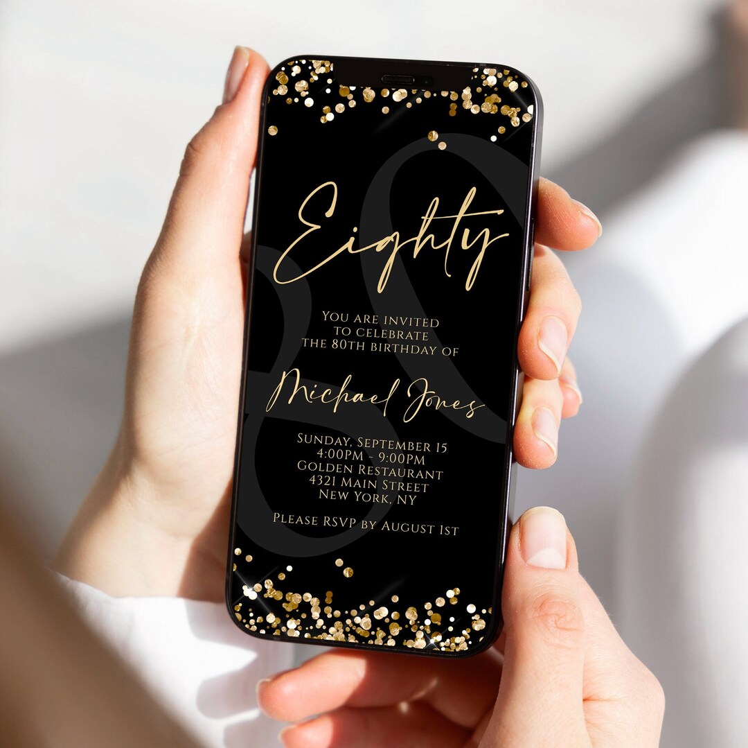 Digital Black Gold Eighty 80th Birthday Invitation Template, Electronic ...