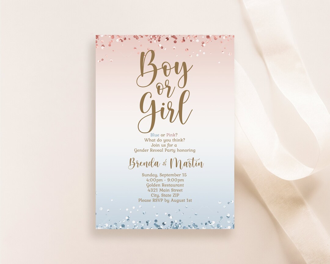 Printable Boy or Girl Invitation Template, Pink or Blue Gender Reveal ...