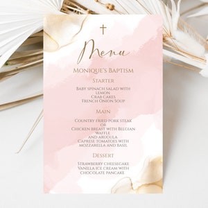 Modello menu battesimo ragazza, carta menu battesimo stampabile, menu acquerello oro rosa, menu modificabile, modello carta menu digitale battesimo