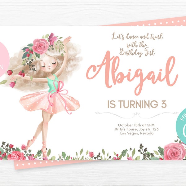 Ausdruckbare Ballerina Mädchen Geburtstag Einladung - Gold Haar Ballerina Pfirsich Kleid, Rose Gold Floral Einladung - Editierbare Geburtstagskarte Instant Download