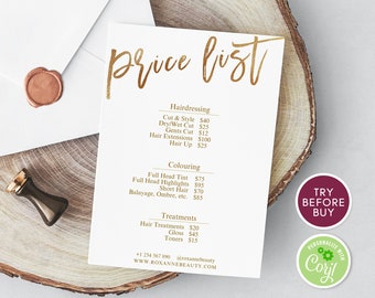 Gold Price List Editable Template, Business Price List Template, Editable Price Guide, Pricing Sheet Hair Beauty Salon, Price Chart Download