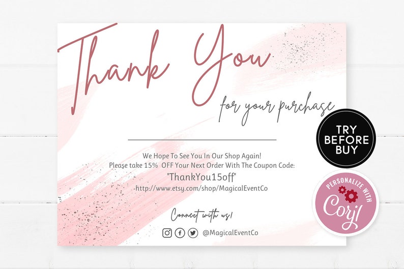 Pink Thank You for Your Purchase Cards Template Small - Etsy