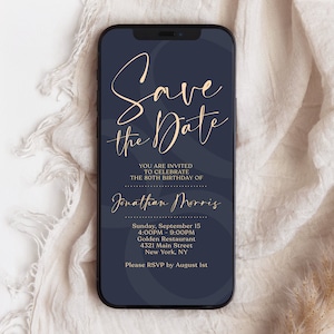 Faites gagner la date 80e anniversaire numérique Invitation, invitation par SMS pour téléphone bricolage, modèle modifiable, marine électronique Save the date Evite