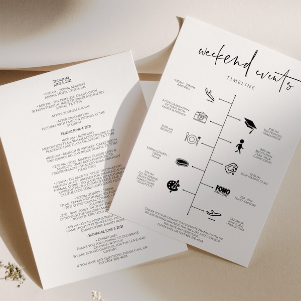 Simple Timeline Template, Editable Schedule Of Events, Graduation Weekend Party Time Line, Hotel Welcome, Itinerary, Infographic, Minimalism