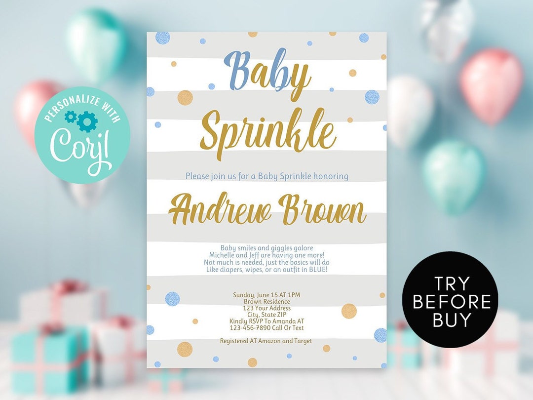 Baby Boy Sprinkle Invitation Template, Blue and Gold Sprinkle Invite ...
