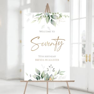 Greenery 70th Seventy Birthday Party Welcome Sign, Editable Template, Printable Birthday Welcome Sign, Gold Foil Leaves, 70th Digital Sign