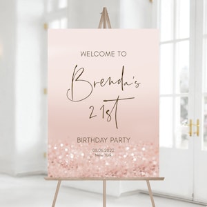 Plantilla de cartel de bienvenida para el 21.° cumpleaños, cartel de bienvenida para fiesta de cumpleaños imprimible, tablero de bienvenida de cumpleaños moderno editable, confeti de oro rosa