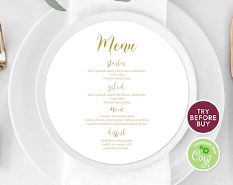 Round Wedding Menu, Editable Gold Wedding Menu, Circle Menu Template, Printable Menu, Calligraphy Wedding Menu, Dinner Menu Download DIY