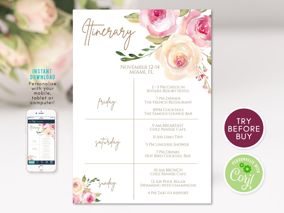 Editable Weekend Itinerary Printable Itinerary Template Hens | Etsy