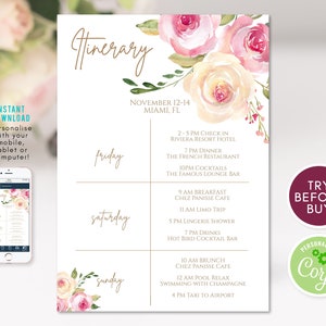 Editable Weekend Itinerary, Printable Itinerary Template, Hens Party Bachelorette, Birthday Weekend, Floral Itinerary, Instant Download DIY image 2