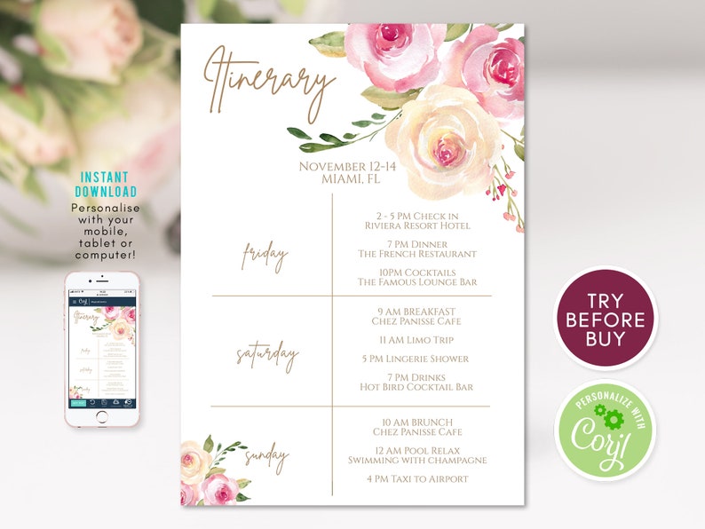 Editable Weekend Itinerary, Printable Itinerary Template, Hens Party Bachelorette, Birthday Weekend, Floral Itinerary, Instant Download DIY image 2