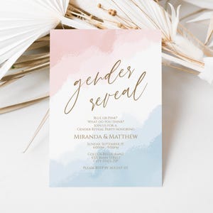 Plantilla de invitación para revelar el género del bebé, invitación para baby shower neutral para él o ella, invitación para niño o niña, tarjeta editable rosa o azul de Evite