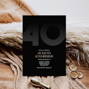 40. Vierzig Geburtstagseinladungsvorlage, bearbeitbare minimalistische Party für Ihn, einfache schwarze elegante Einladung, sofortiger Download