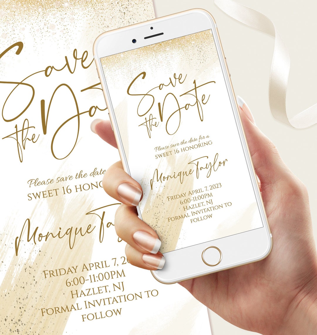 Digital Gold Save the Date Evite, Electronic Invitation Template, 16th Sixteen Save the Date
