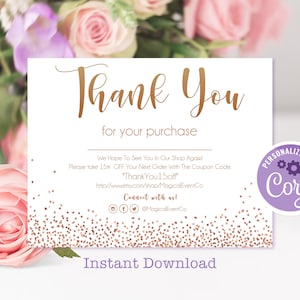 Oro Rosa Gracias por su tarjeta de compra, tarjetas imprimibles, descarga instantánea, plantilla editable, inserto de embalaje digital, negocio en línea