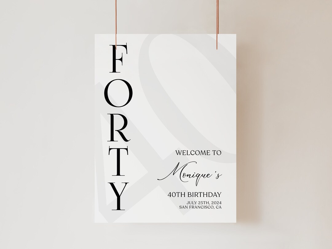 Simple 40th Birthday Welcome Sign Template, Minimal Birthday Printable ...