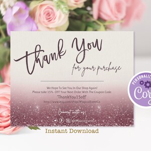 Paars Bedankt voor uw aankoopkaarten sjabloon, klein bedrijf, online bedrijf, Etsy verkoper, dank u bestel bewerkbare instant download