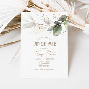 Plantilla de tarjeta de invitación editable para baby shower, invitación para baby shower de niño y niña con hojas verdes doradas, correo electrónico imprimible para brunch de bebé con hojas verdes doradas