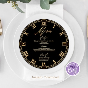 Black Round Wedding Clock Menu, Editable Gold Wedding Menu, Circle Menu Template, Printable Menu, Wedding Menu Dinner, Instant Download  DIY