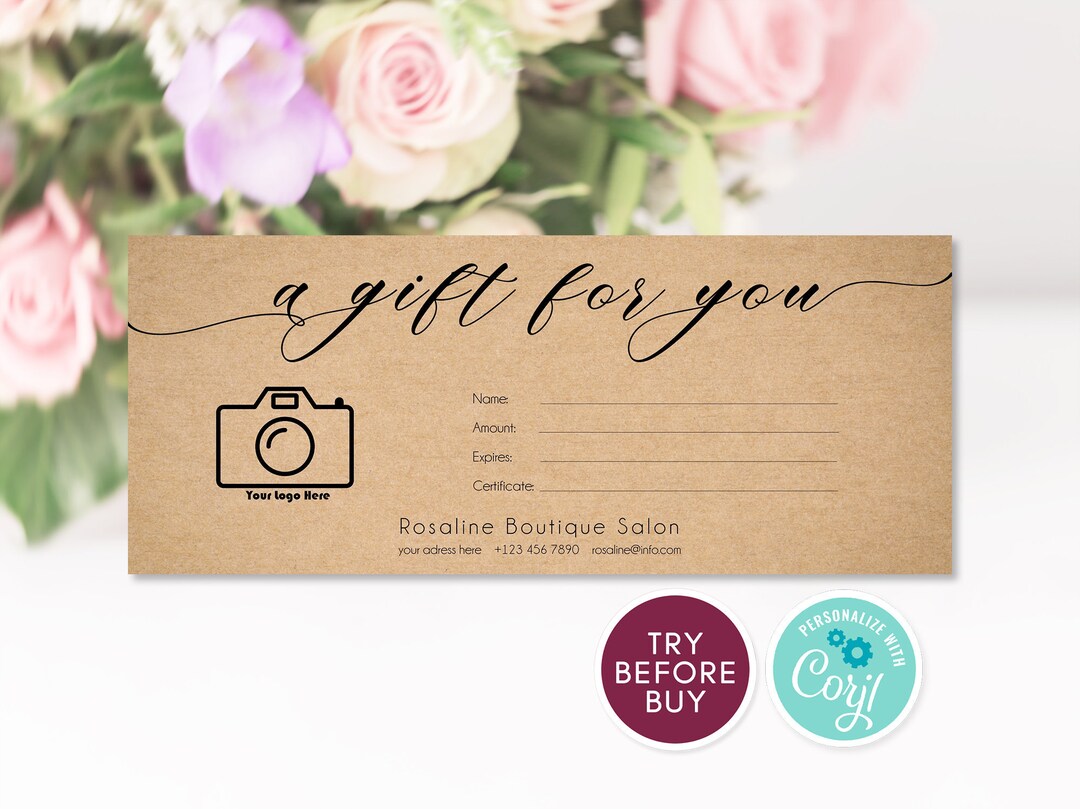 Editable Gift Certificate Template, Kraft Paper Gift Card Template