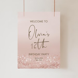 Plantilla de cartel de bienvenida para fiesta de cumpleaños número 16, imprimible, editable, moderno, con confeti rosa y dorado, pancarta de bienvenida para fiesta de cumpleaños número 16