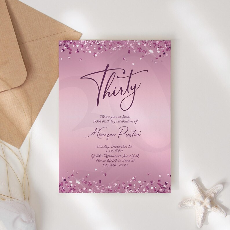 Editable 30th Thirty Birthday Invitation Template, Printable Purple